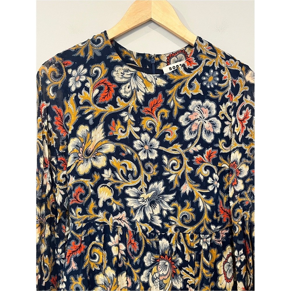 Boden Tiered Midi Floral Paisley Dress Navy Blue US 4R Tie Cuff Sheer Sleeve